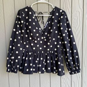 Derek Lam 10 Crosby Savannah Cotton V-Neck Polkadot Peplum Top - SZ 8